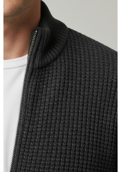 Erkek Hırka Fermuarlı Regular Fit Yarım Balıkçı Yaka Antrasit Triko Ceket Normal Kesim Waffle fiyatları