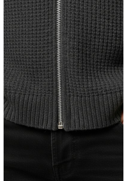 Erkek Hırka Fermuarlı Regular Fit Yarım Balıkçı Yaka Antrasit Triko Ceket Normal Kesim Waffle