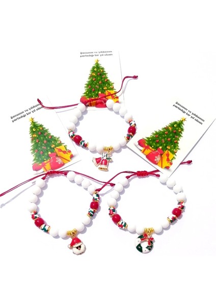 Üç Adet Yılbaşı Kartlı Noel Süslü Fimo ve Cam Boncuklu Bileklik