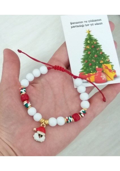 Üç Adet Yılbaşı Kartlı Noel Süslü Fimo ve Cam Boncuklu Bileklik