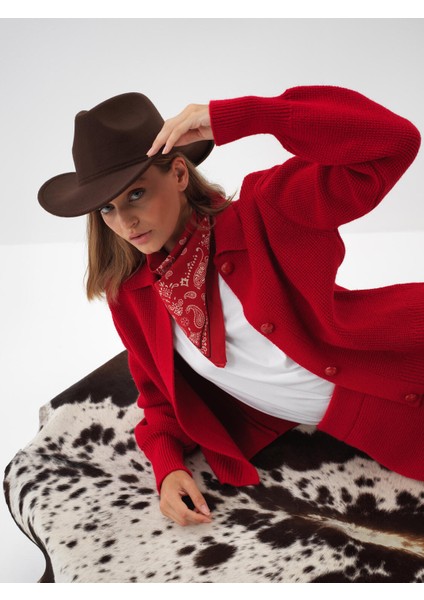 Kadın Kırmızı Doğal Yün Dokulu Oversize Ceket