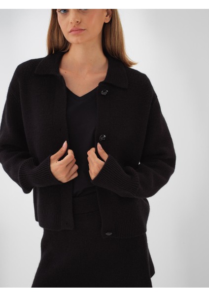 Kadın Siyah Doğal Yün Dokulu Oversize Ceket