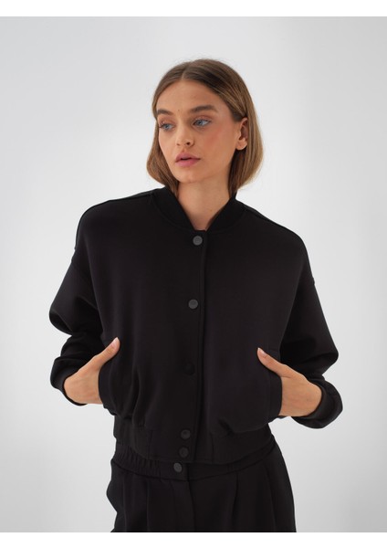 Kadın Siyah Pamuk Dokulu Oversize Sweatmont