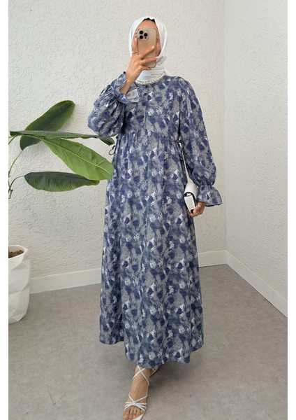 Yandan Bağcık Detaylı Kolları Lastikli Uzun Elbise modelleri