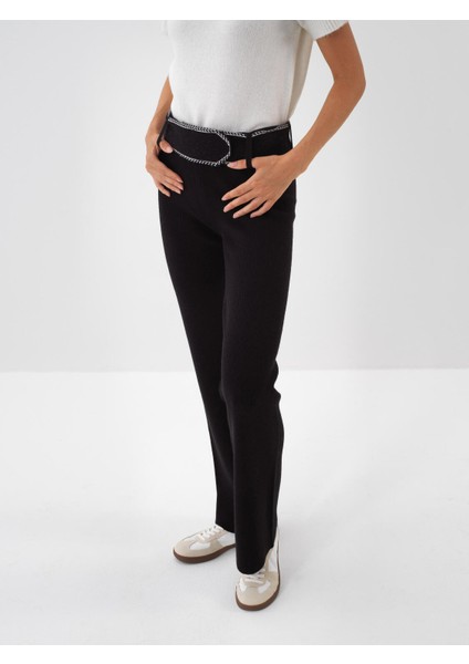 Kadın Siyah Doğal Yün Dokulu Regular Fit Pantolon