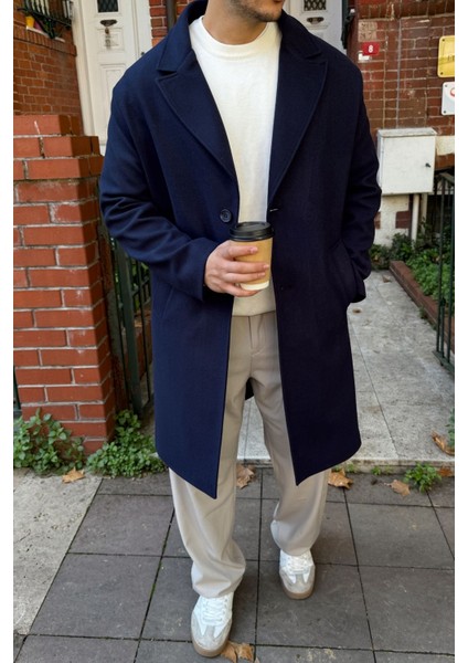 Erkek Regular Fit Düğmeli Cepli Kışlık Astarlı Klasik Uzun Kaşe Kaban