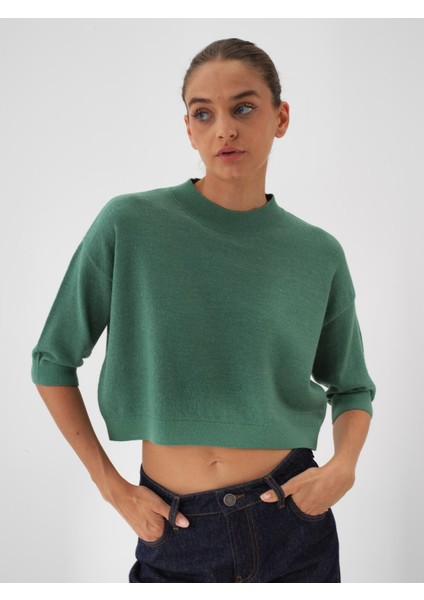 Kadın Yeşil Doğal Yün Dokulu Oversize Kazak