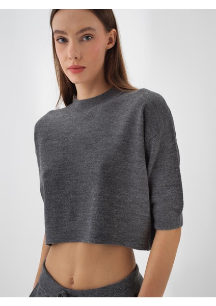 Kadın Antrasit Doğal Yün Dokulu Oversize Kazak