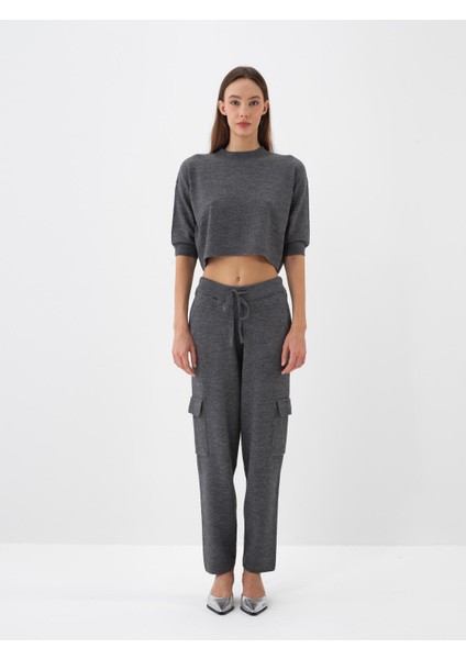 Kadın Antrasit Doğal Yün Dokulu Oversize Kazak