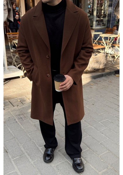 Erkek Regular Fit Düğmeli Cepli Kışlık Astarlı Klasik Uzun Kaşe Kaban