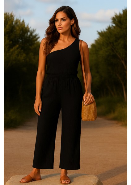 Kadın Siyah Tek Omuzlu Şık Bluz & Geniş Paça Pantolon Ikili Takım modelleri