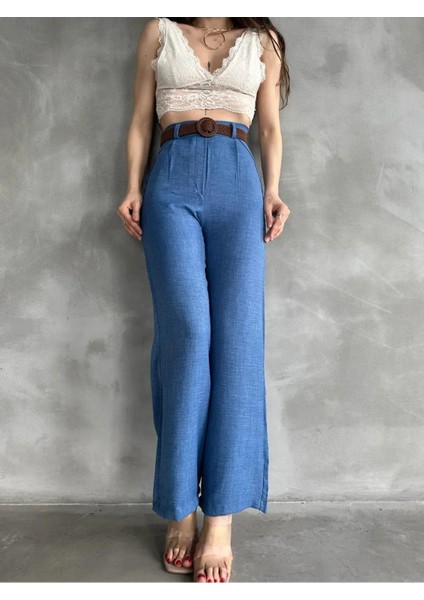 Beli Kemerli Keten Pantolon -Mavi̇