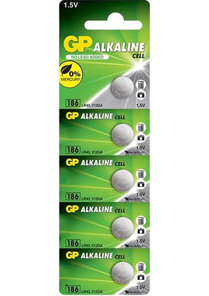 186 LR43 AG-12R 1.5 Volt Alkalin Düğme Pil 5'li Paket
