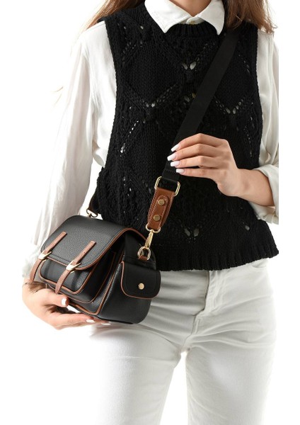 , Toka Aksesuar Detaylı,kapaklı,çok Gözlü, Siyah Taba Kadın Çapraz Çantası