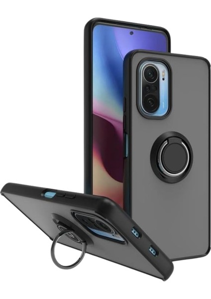 Redmi K40 Pro Uyumlu Kılıf Yüzüklü Standlı Extra Darbe Koruma Sert Silikon Kapak - Siyah