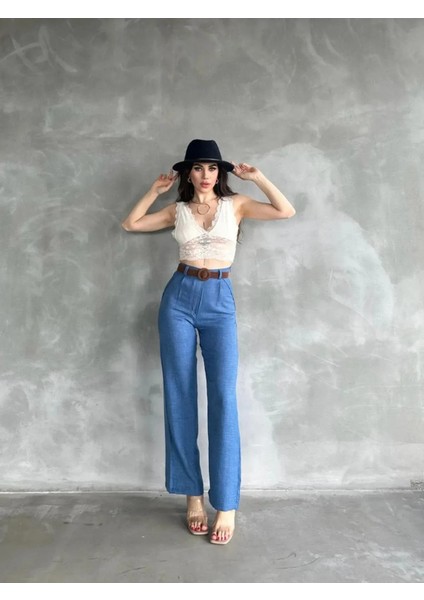 Beli Kemerli Keten Pantolon -Mavi̇ fiyatları