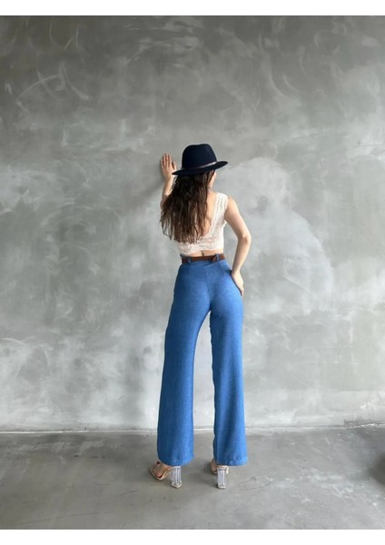 Beli Kemerli Keten Pantolon -Mavi̇ modelleri