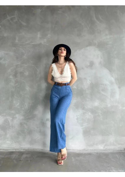 Beli Kemerli Keten Pantolon -Mavi̇ fırsatları