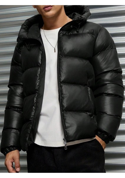 Erkek Siyah Su ve Rüzgar Geçirmez Şişme Mont
