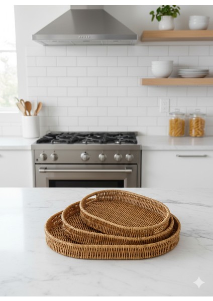 Hasır Çok Amaçlı Tepsi Sunumluk (Kahve Sunumluk) Takım (3 Adet)