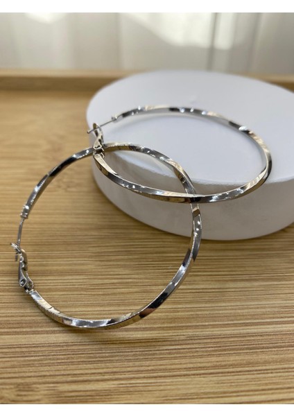 Çelik Gümüş Renk 4 cm Çaplı Büyük Burma Halka Küpe