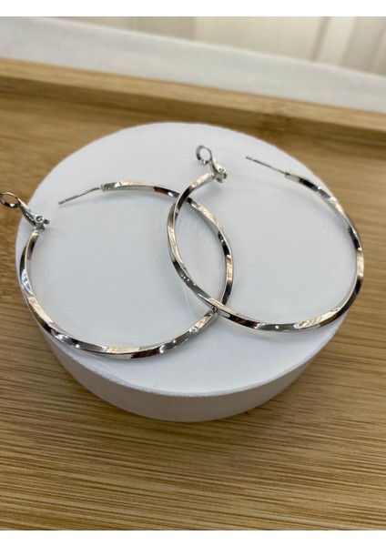 Çelik Gümüş Renk 4 cm Çaplı Büyük Burma Halka Küpe modelleri
