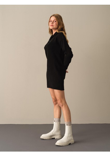 Kadın Siyah Regular Fit Triko Mini Elbise