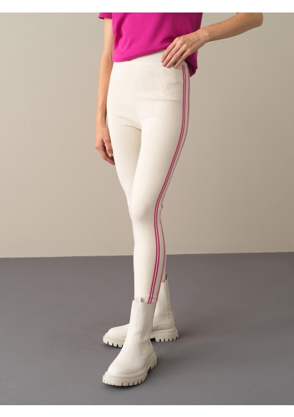 Kadın Ekru Yüksek Bel Slim Fit Triko Tayt