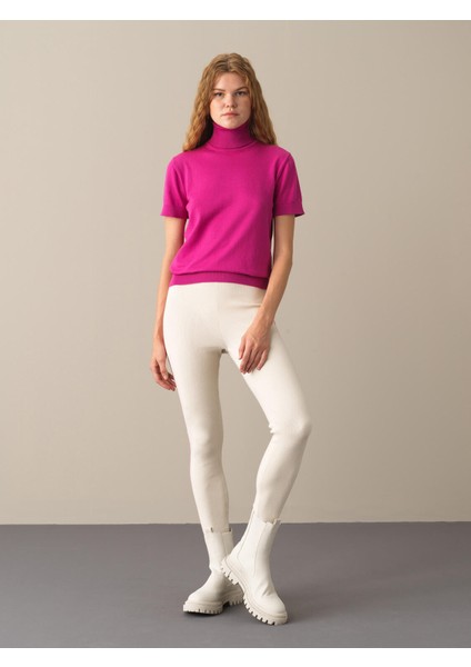 Kadın Ekru Yüksek Bel Slim Fit Triko Tayt