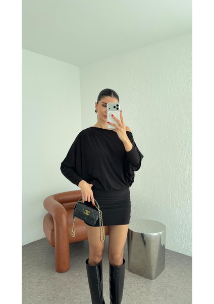 Asimetrik Kesim Siyah Mini Elbise