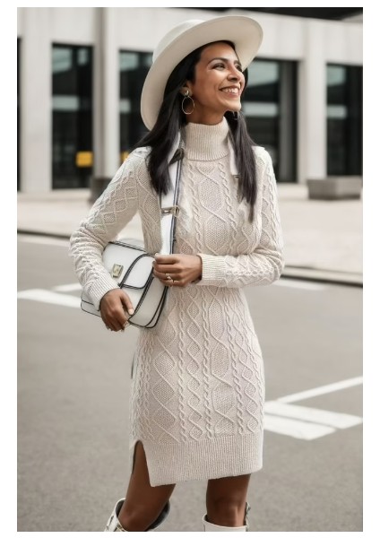 Loren Yünlü Motifli Midi Boy Triko Elbise - Bej fiyatları