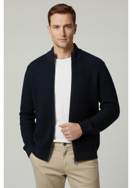 Erkek Hırka Fermuarlı Regular Fit Yarım Balıkçı Yaka Lacivert Triko Ceket Normal Kesim Waffle