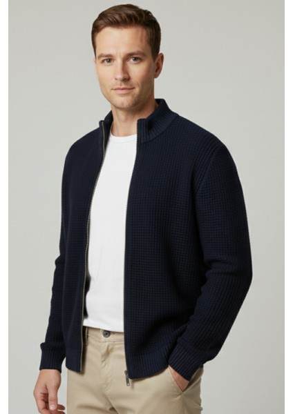 Erkek Hırka Fermuarlı Regular Fit Yarım Balıkçı Yaka Lacivert Triko Ceket Normal Kesim Waffle fiyatları
