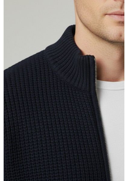 Erkek Hırka Fermuarlı Regular Fit Yarım Balıkçı Yaka Lacivert Triko Ceket Normal Kesim Waffle modelleri
