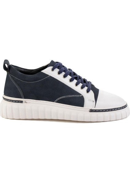 Beyaz Lacivert Hakiki Deri Erkek Sneaker E01401087103