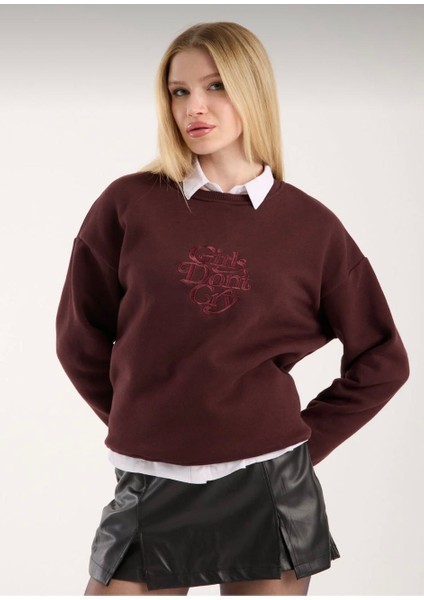 Nakışlı Şardonlu Bisiklet Yaka Oversize Hoodie/sweatshirt