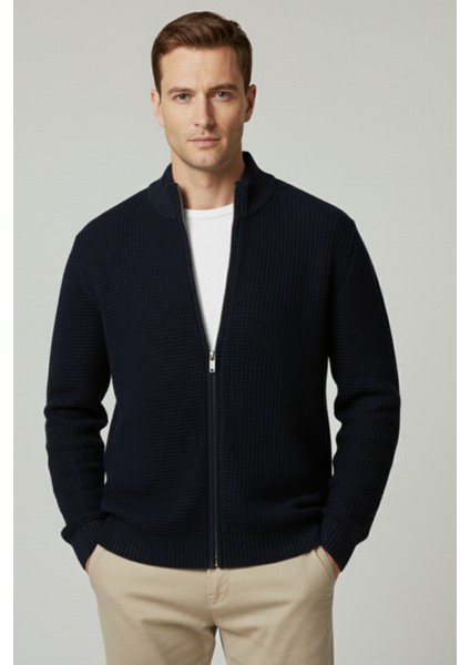 Erkek Hırka Fermuarlı Regular Fit Yarım Balıkçı Yaka Lacivert Triko Ceket Normal Kesim Waffle fırsatları