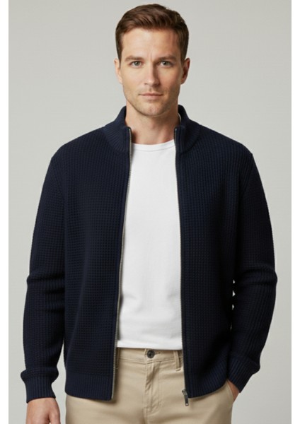Erkek Hırka Fermuarlı Regular Fit Yarım Balıkçı Yaka Lacivert Triko Ceket Normal Kesim Waffle