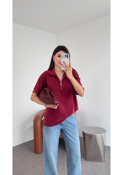 Kısa Kollu Modal Bordo Sweat