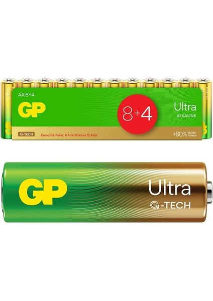 G-Tech 8+4 12LI Paket Aa Alkalin Kalem Pil (8 Adet Fiyatına 12 Adet Pil)