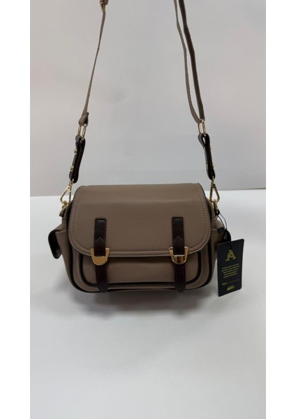 , Toka Aksesuar Detaylı,kapaklı,çok Gözlü, Vizon Kahve Kadın Çapraz Çantası