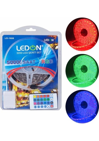 LD-1606 Su Geçirmez 5 Metre Rgb Şerit LED Animasyon Devreli Adaptörlü Set 5050 3 Çipli Silikonlu