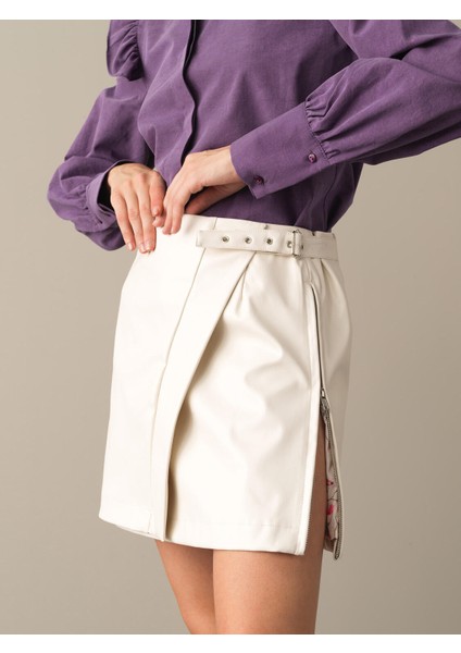 Kadın Ekru Regular Fit Deri Görünümlü Etek