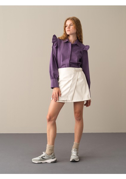 Kadın Ekru Regular Fit Deri Görünümlü Etek