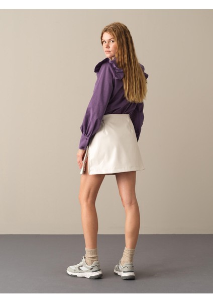 Kadın Ekru Regular Fit Deri Görünümlü Etek