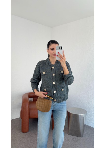 Gold Düğmeli Cepli Füme Premium Hırka