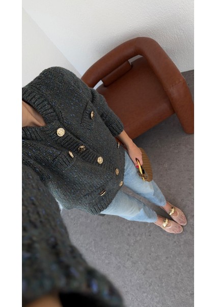 Gold Düğmeli Cepli Füme Premium Hırka fırsatları