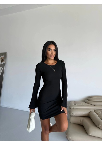Prenses Kol Esnek Kumaş Elbise Siyah F2334