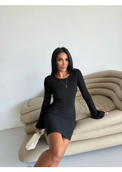 Prenses Kol Esnek Kumaş Elbise Siyah F2334 modelleri