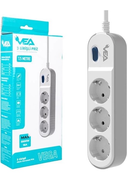 VE-VEGA103 A Class 3'lü Anahtarlı 1.5 Metre Akım Korumalı Priz fırsatları